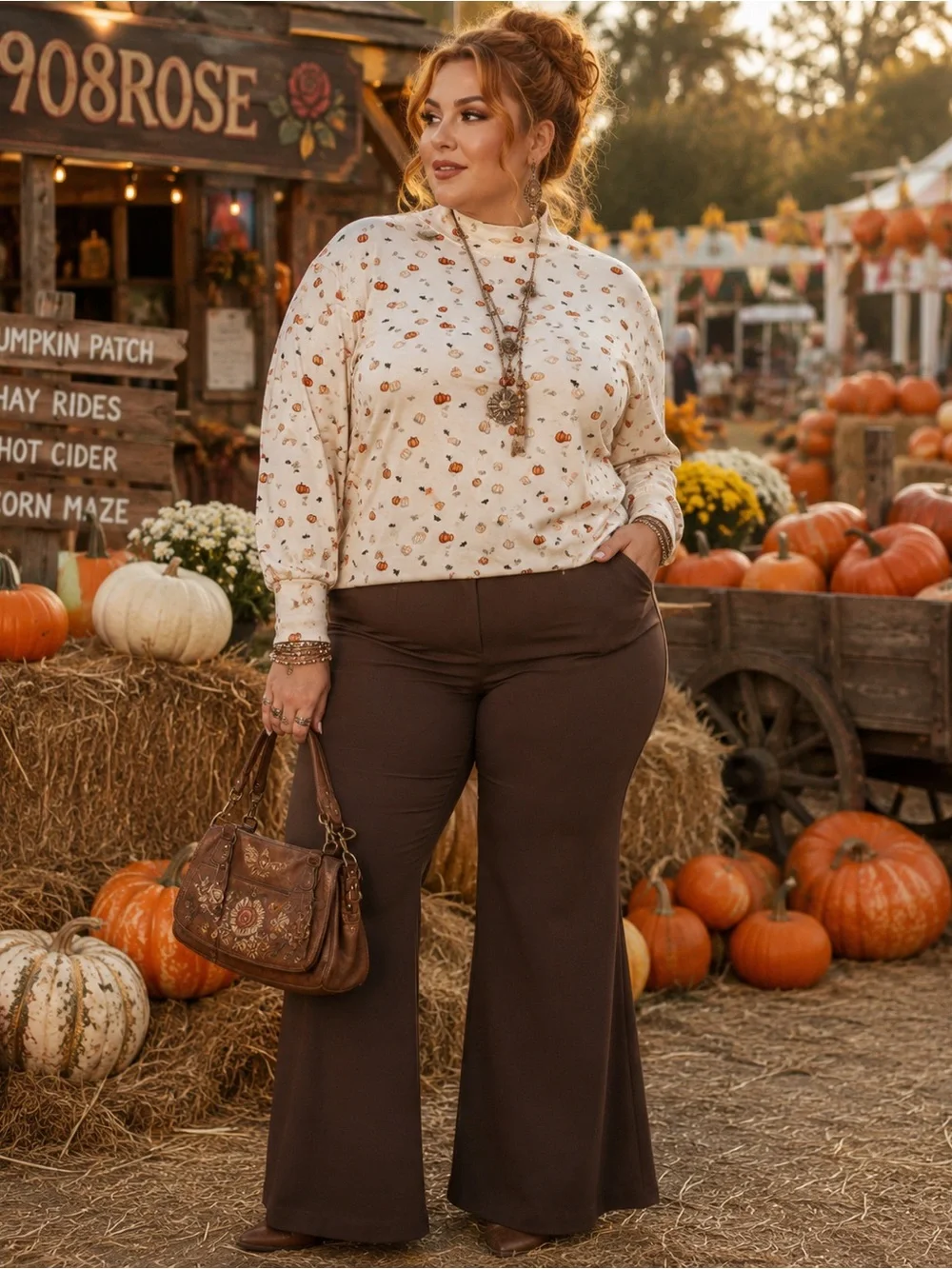 Croft & Barrow Woman Pumpkin Print Mock Neck Top Size 3X